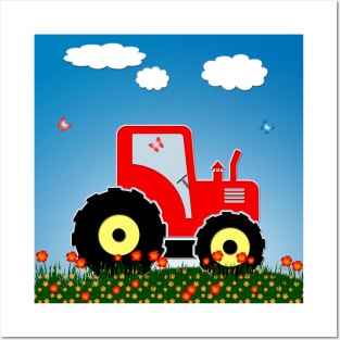 Red tractor in a field Posters and Art